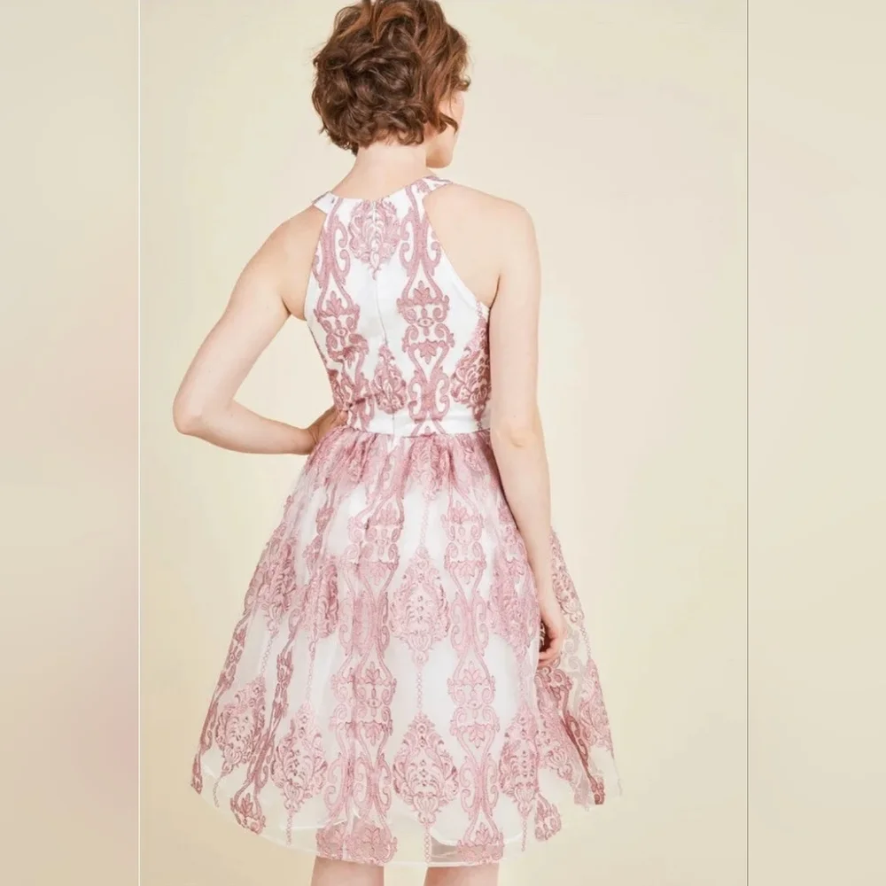 Chi Chi London NEW Pink Halter Dress Tulle Embroidered Overlay Damask Size 16 - Picture 2 of 16